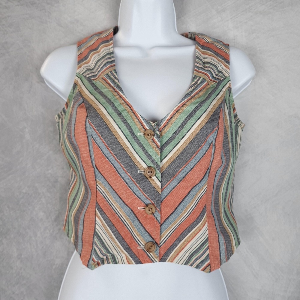 Striped Button Cropped Vest Top Womens Medium Multicolor V Neck 70s 80s